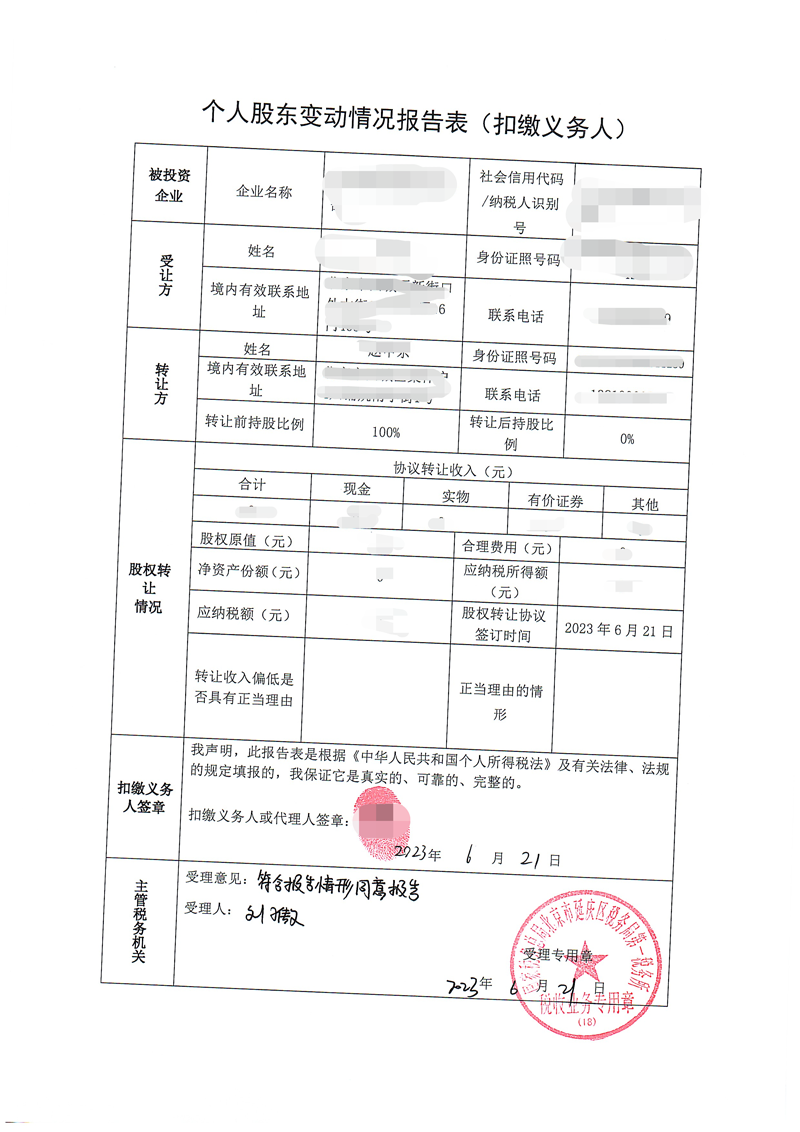 公司股東變更案例：2023年6月21日為客戶完成股東變更業(yè)務(wù)